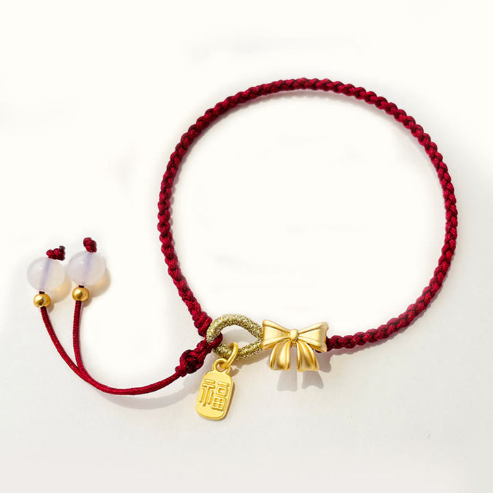 Buddha Stones Handmade Peach Blossom Rosette Bow Knot Fu Character Charm Luck Fortune Red Rope Bracelet