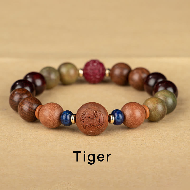 Buddha Stones Chinese Zodiac Natural Green Sandalwood Protection Bracelet