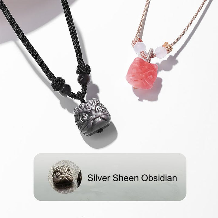 Buddha Stones Natural Silver Sheen Obsidian Red Agate Dancing Lion Protection Necklace Pendant