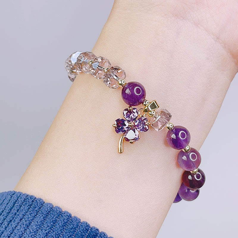 Buddha Stones Amethyst Crystal Four Leaf Clover Healing Charm Bracelet