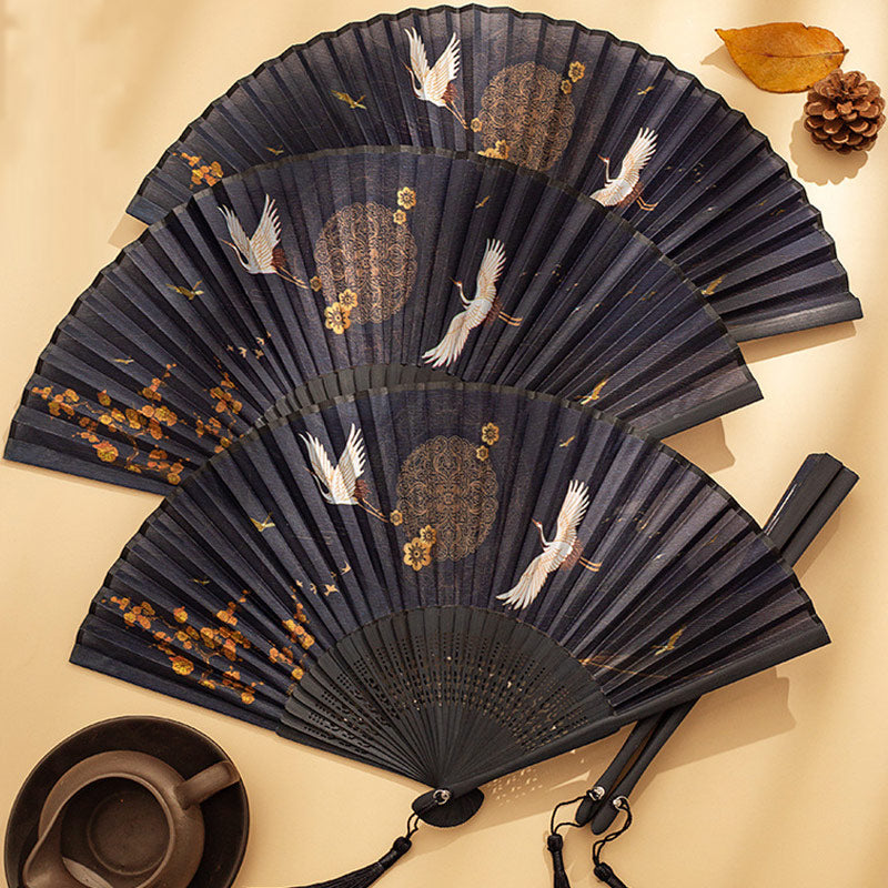 Buddha Stones Crane Peach Blossoms Persimmon Orchid Butterfly Bamboo Handheld Bamboo Folding Fan 21cm