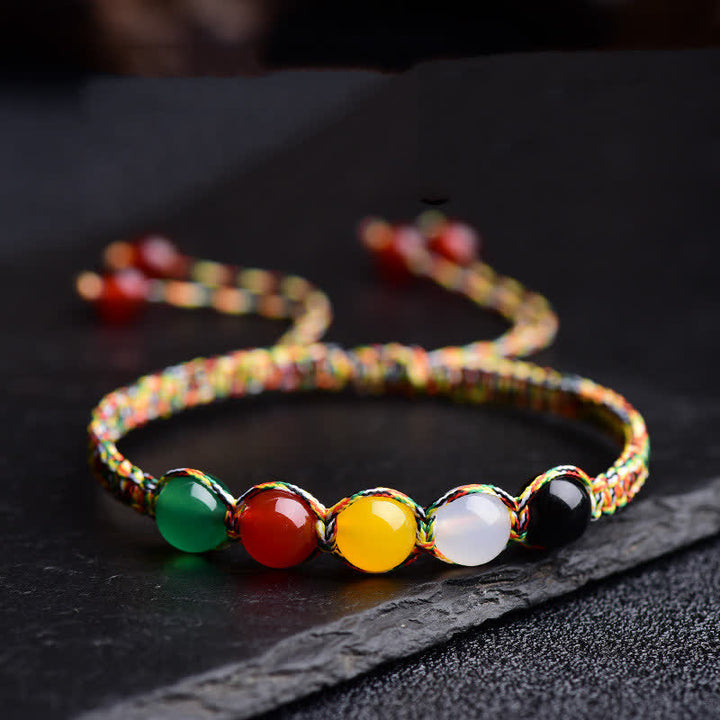 Colorful Agate Metal Wood Water Fire Earth Five Elements String Bracelet