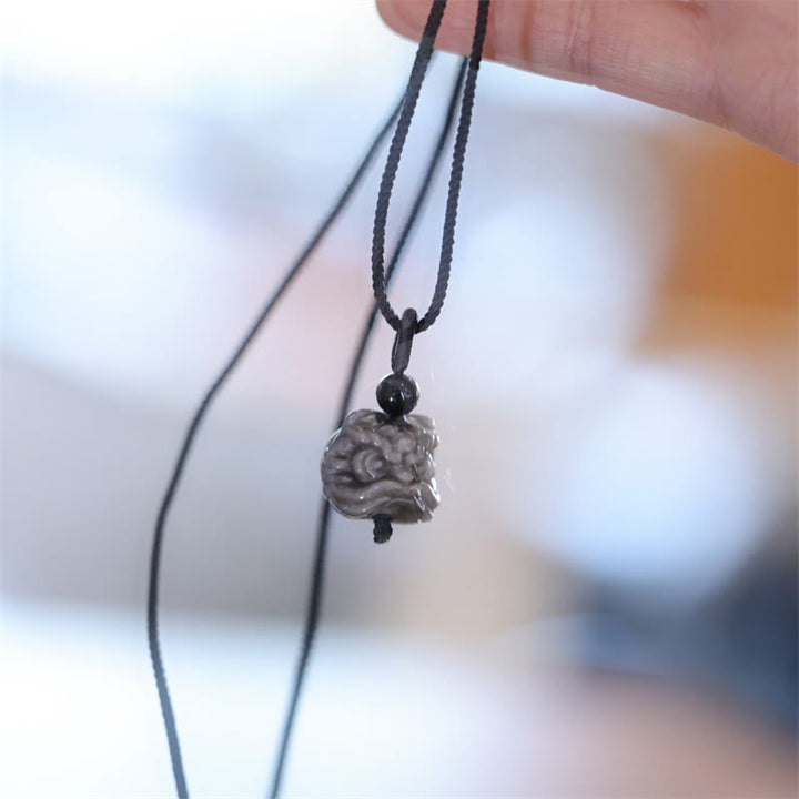 Buddha Stones Natural Silver Sheen Obsidian Dancing Lion Protection Necklace Pendant