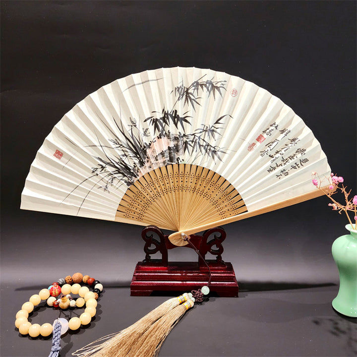 Buddha Stones A Panorama Of Rivers And Mountains Cranes Orchid Flower Paper Bamboo Handheld Silk Bamboo Folding Fan 22cm