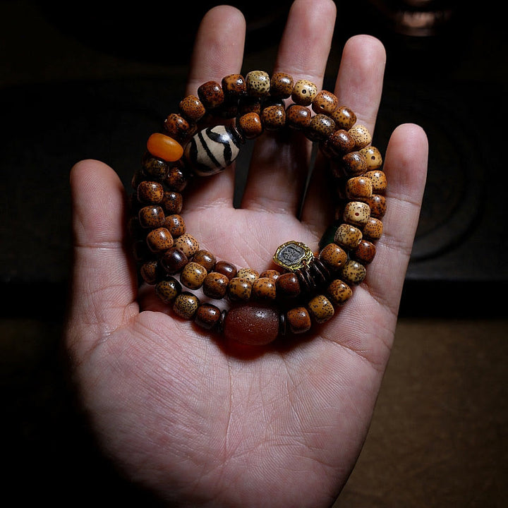 Buddha Stones Tibetan Bodhi Seed Amber Dzi Bead Agate Zakiram Goddess of Wealth Beads Triple Wrap Bracelet