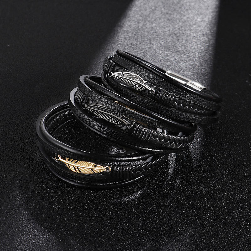 Buddha Stones Feather Pattern Multilayer Leather Titanium Steel Calm Braided Magnetic Buckle Bracelet