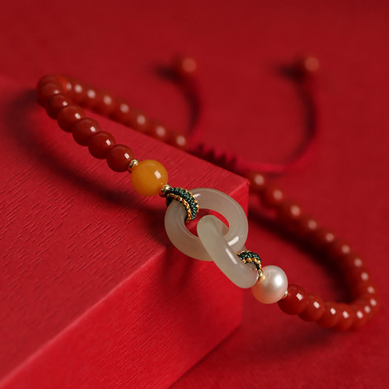 Buddha Stones Natural Red Agate Hetian Jade Double Peace Buckle Confidence Bracelet