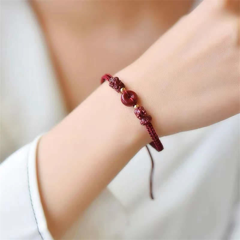 Buddha Stones Cinnabar PiXiu Blessing Copper Coin Peace Buckle Red String Bracelet