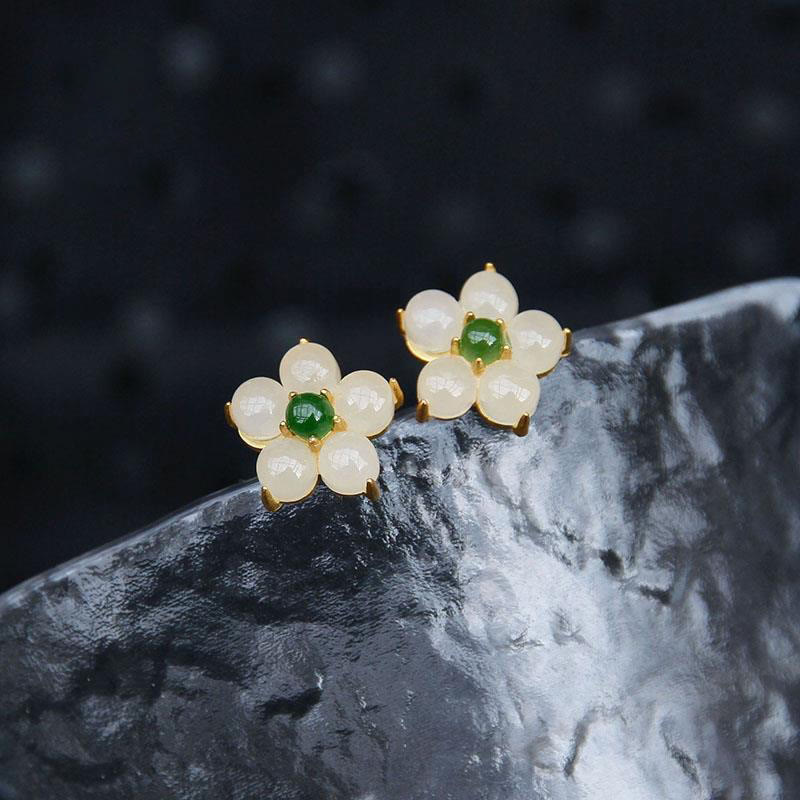 Buddha Stones White Jade Flower Luck Blessing Stud Earrings