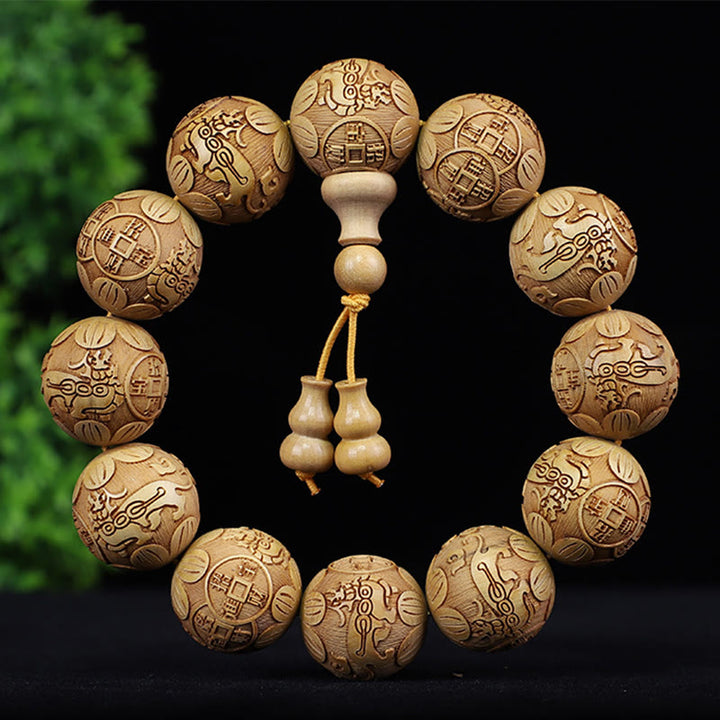 Buddha Stones Chinese Zodiac Rosewood Ebony Boxwood Copper Coin PiXiu Carved Warmth Bracelet