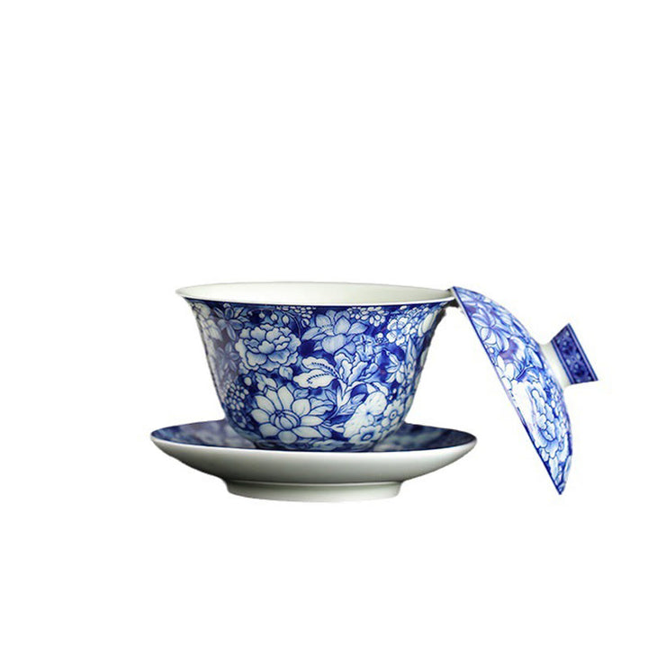 Buddha Stones Vintage Blue And White Porcelain Ceramic Gaiwan Sancai Teacup Kung Fu Tea Cup And Saucer With Lid