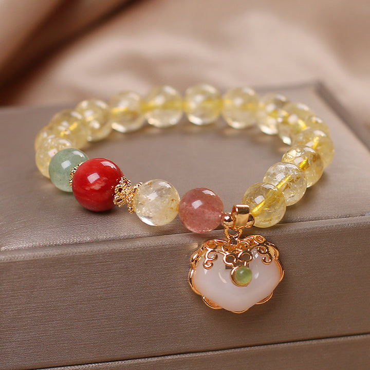 Buddha Stones Natural Citrine White Jade Strawberry Quartz Protection Charm Bracelet