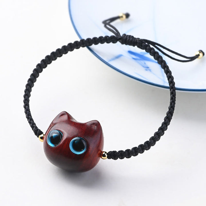 Buddha Stones Small Leaf Red Sandalwood Ebony Wood Cute Cat Head Calm Protection Braided Bracelet