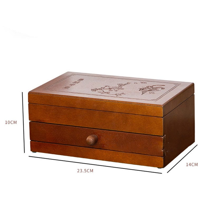 Buddha Stones Vintage Solid Wood Jewelry Box Flower Carved Jewelry Storage Box With Mirror