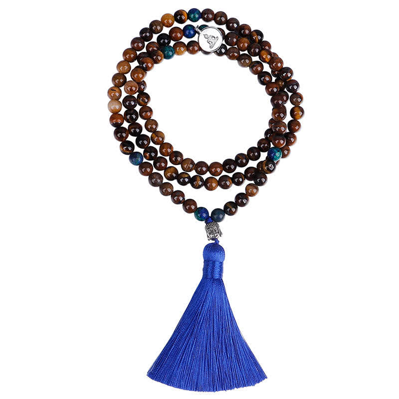 108 Mala Beads Tiger Eye Buddha Strength Bracelet Tassel Necklace Pendant