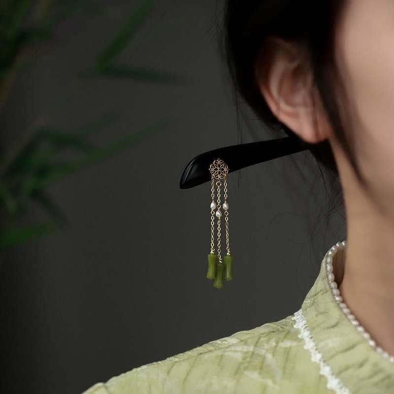 Buddha Stones Natural Peridot Ebony Wood Love Tassels Hairpin