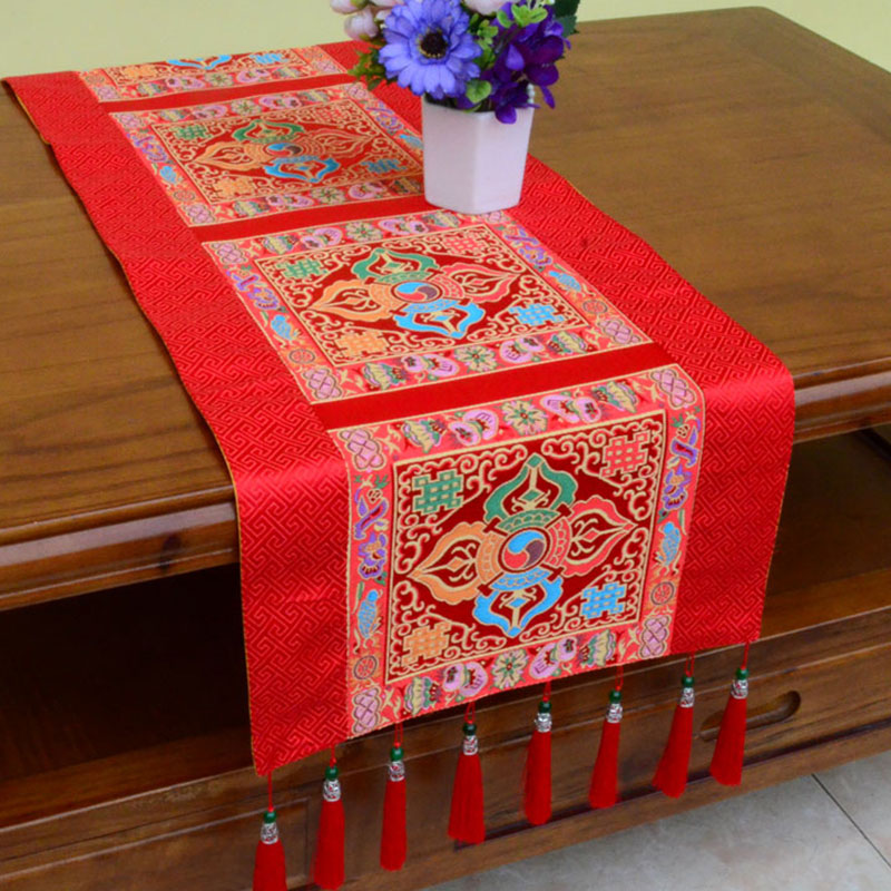 Prayer Altar Mat Man-Bcu Kalachakra Endless Knot Vajra Tibetan Auspicious Symbols Tassels Table Runner