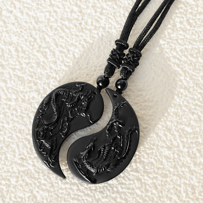 Buddha Stones Black Obsidian Yin Yang Dragon Phoenix Luck Necklace Pendant