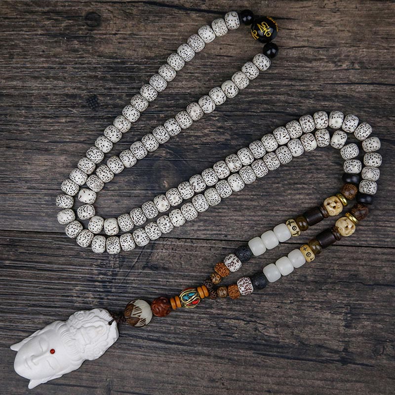 108 Mala Beads Bodhi Seed Yak Bone Avalokitesvara Lucky Pixiu Guan Gong Buddha Demon Peace Tassel Bracelet