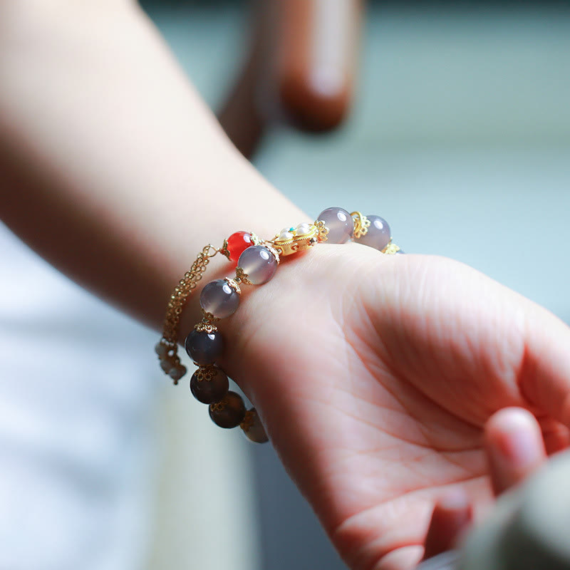 Buddha Stones Natural Gray Agate Fu Character Pearl Tassel Balance Bracelet