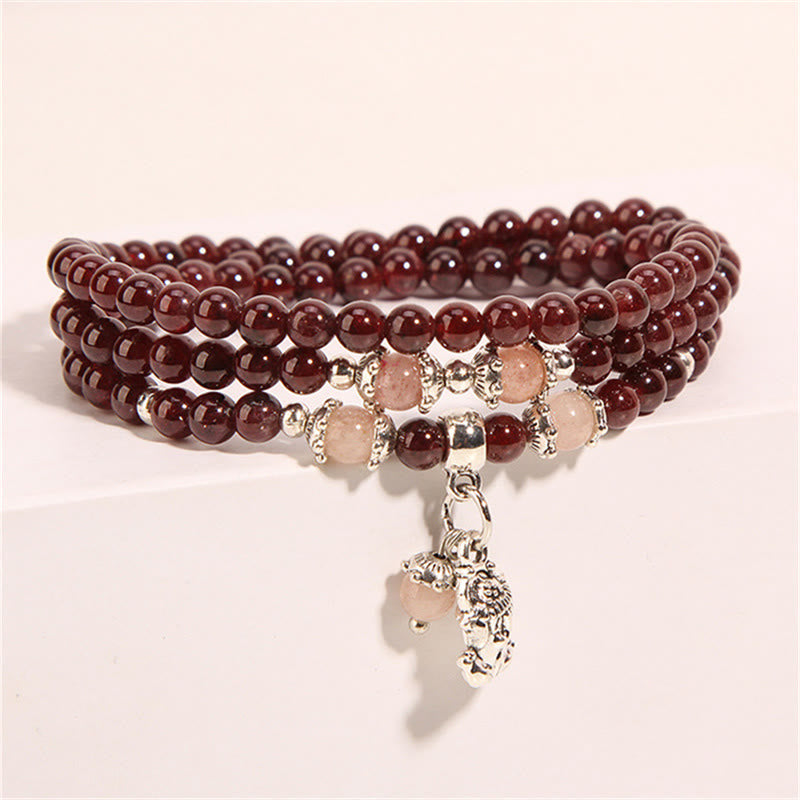 Buddha Stones Natural Garnet Strawberry Quartz Green Beans PiXiu Protection Triple Wrap Bracelet