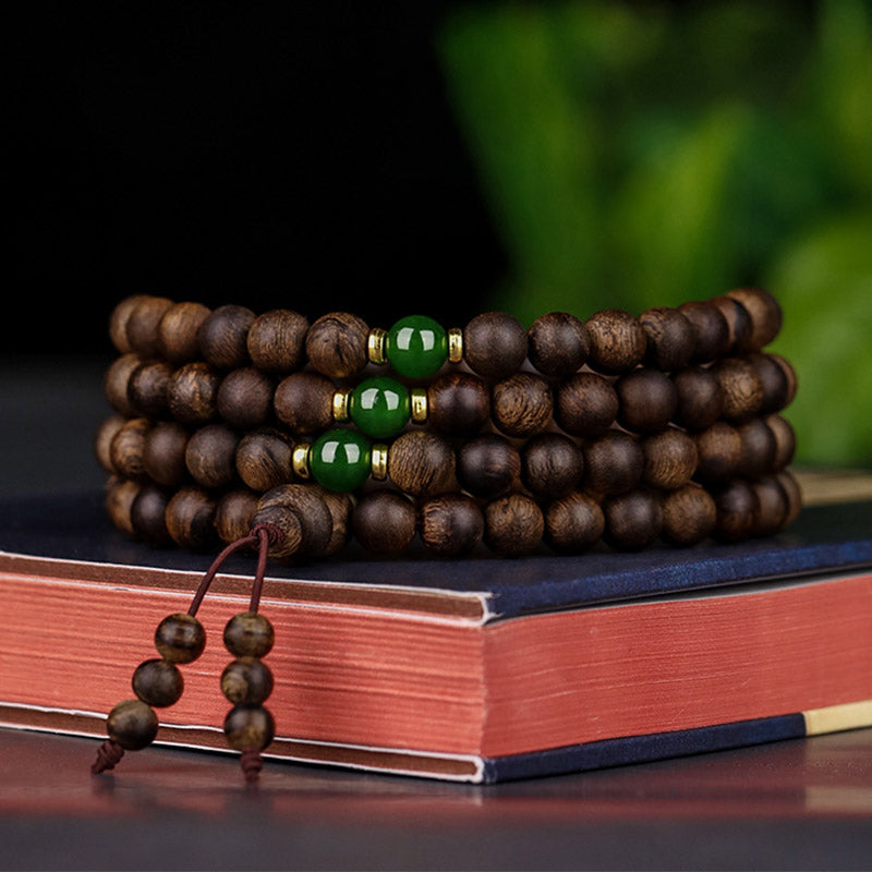 Buddha Stones 108 Mala Beads Indonesia Tarakan Rare Agarwood Cyan Jade Ward Off Evil Spirits Bracelet