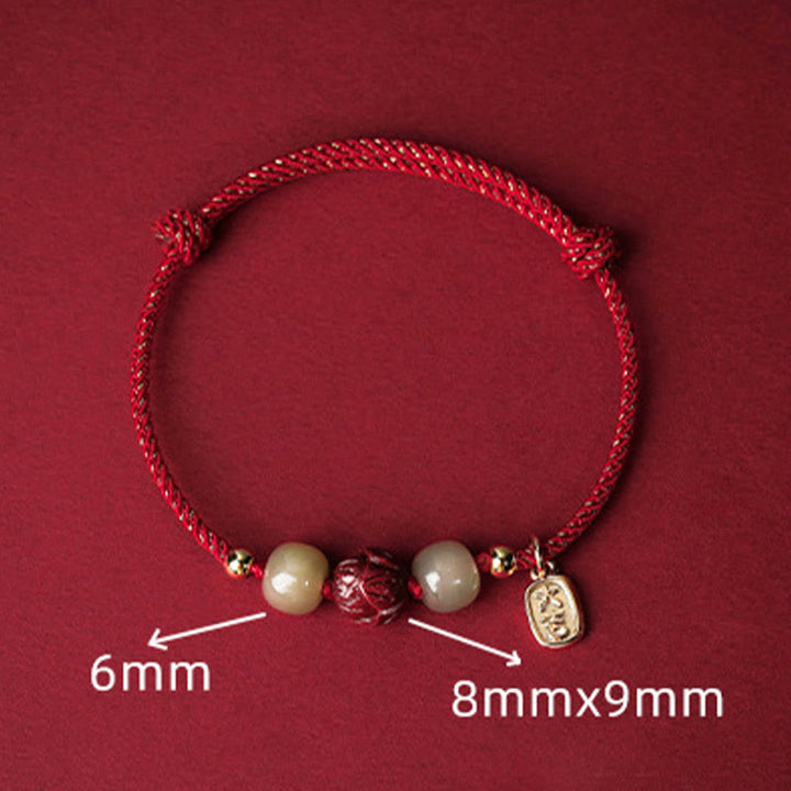 Buddha Stones 14K Gold Plated Hetian Jade Cinnabar Lotus Luck Handcrafted Rope Bracelet