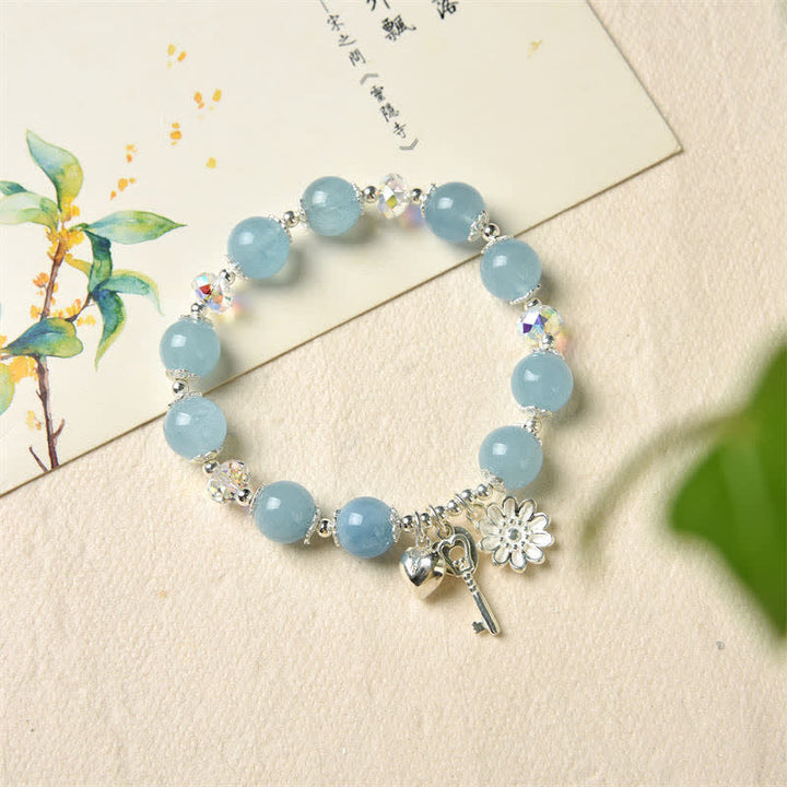 925 Sterling Silver Natural Aquamarine Serenity Flower Love Key Charm Bracelet