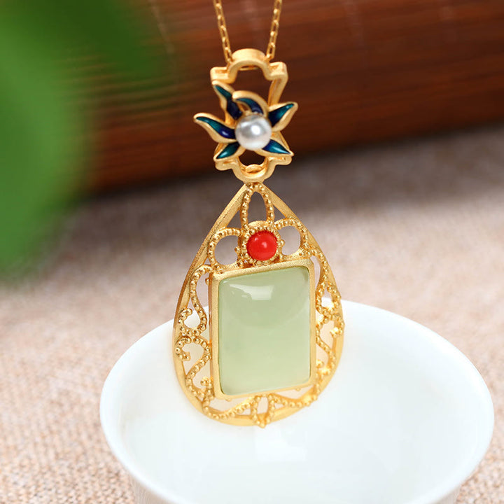 Vintage Flower Jade Plated Gold Prosperity Necklace Pendant