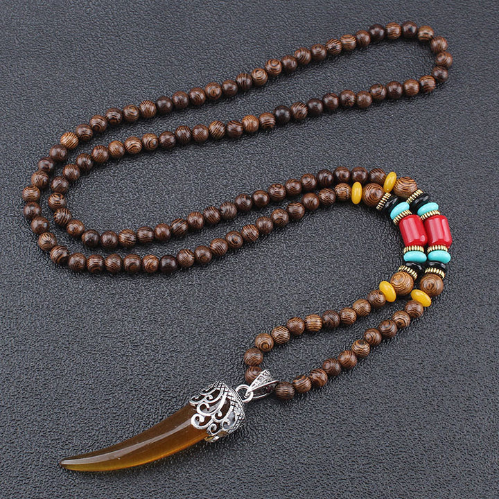 Wenge Wood Turquoise Stone Horn Style Protection Meditation Necklace Pendant