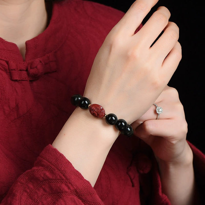 Buddha Stones Chinese Zodiac Natal Buddha Natural Black Obsidian Cinnabar Purification Bracelet