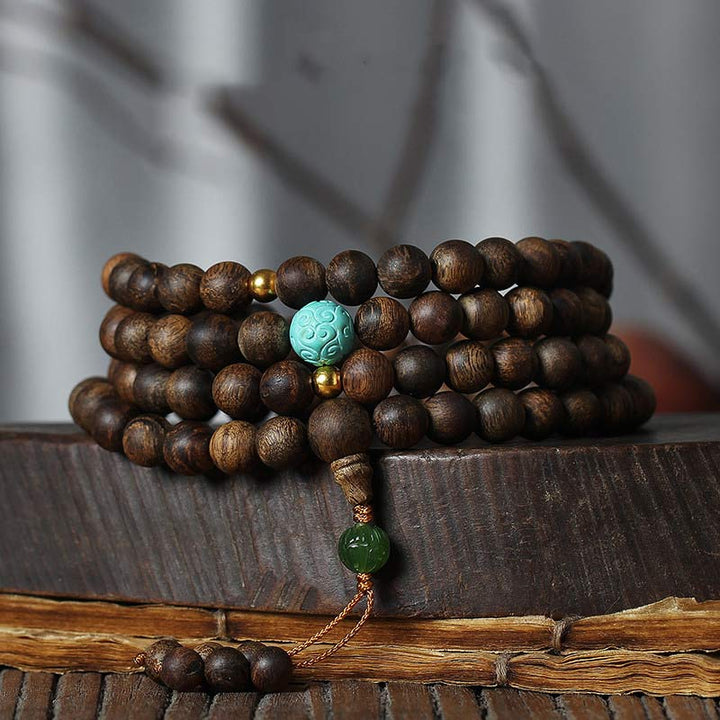 Buddha Stones 108 Mala Beads Nha Trang Agarwood Turquoise Prayer Meditation Bracelet Mala