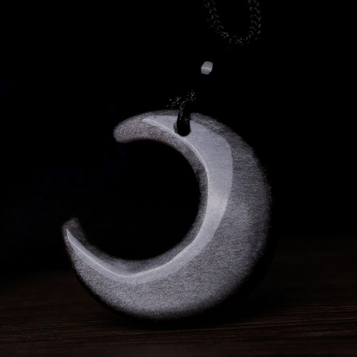 Buddha Stones Natural Silver Sheen Obsidian Selenite Crystal Crescent Moon Yin Yang Couple Protection Necklace Pendant