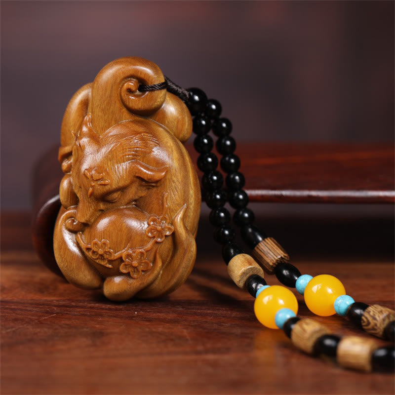 Buddha Stones Mini Nine-Tailed Fox Green Sandalwood Peace Decoration Car Hanging Decoration