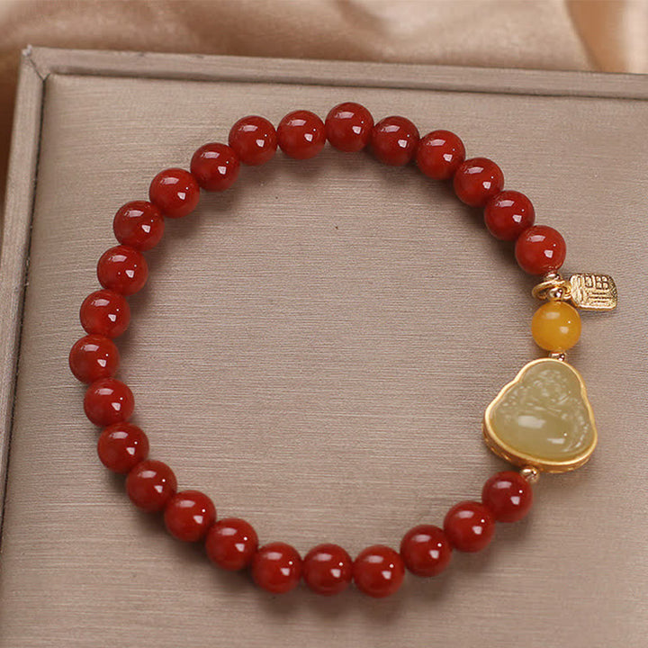 Buddha Stones Laughing Buddha Red Agate Jade Confidence Bracelet