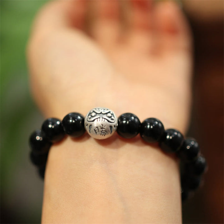 Buddha Stones 925 Sterling Silver Black Onyx Bead Character Engraved Protection Bracelet