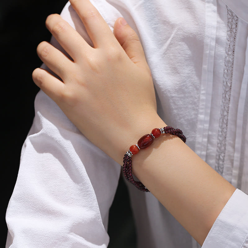 Buddha Stones Natural Garnet Red Agate Protection Triple Layer Bracelet