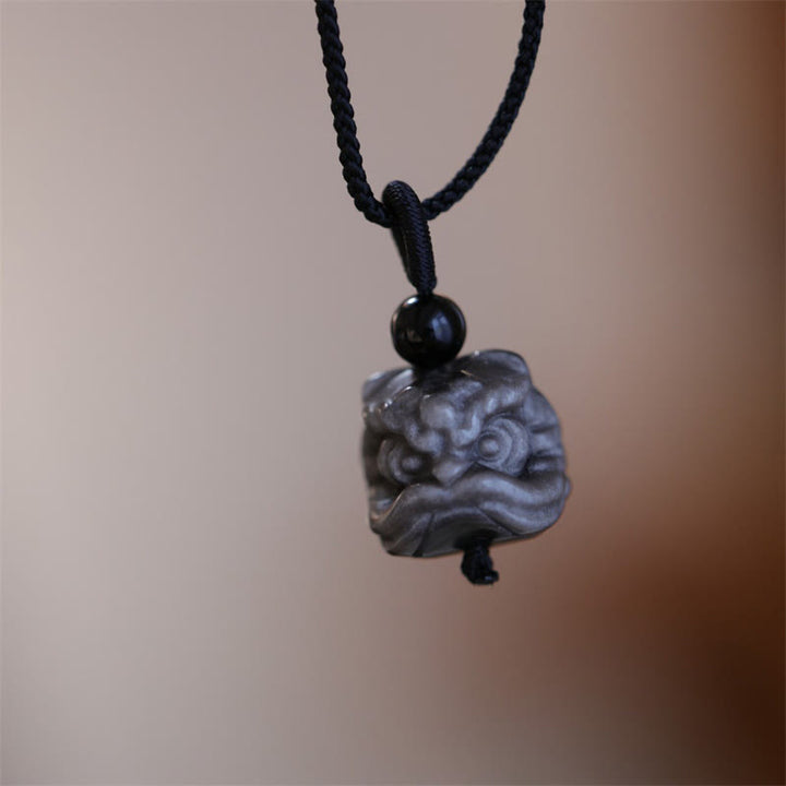 Buddha Stones Natural Silver Sheen Obsidian Dancing Lion Protection Necklace Pendant