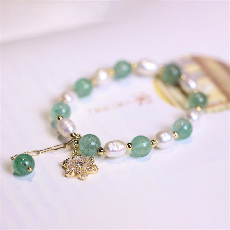 Buddha Stones Natural Green Strawberry Quartz Pearl Flower Charm Love Bracelet