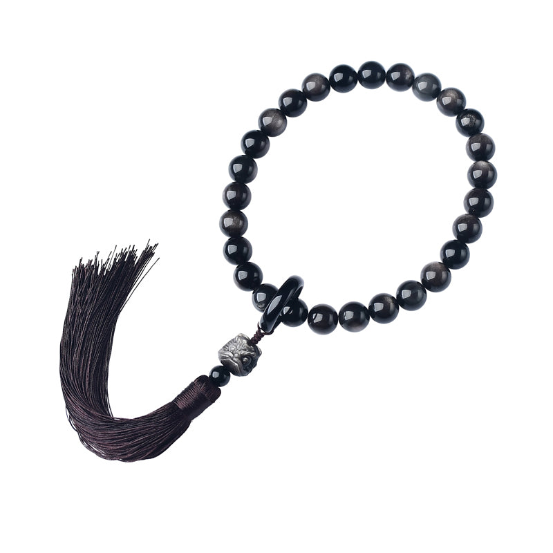 Natural Silver Sheen Obsidian Lion Wrist Mala Protection Tassels Pocket Mala Car Decoration