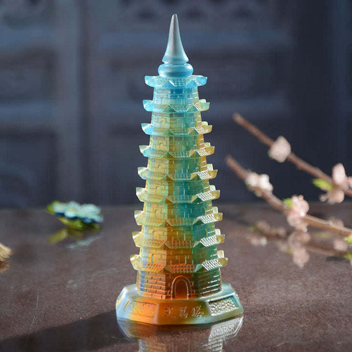 Feng Shui Wenchang Tower Handmade Liuli Crystal Pagoda Art Piece Luck Home Office Decoration