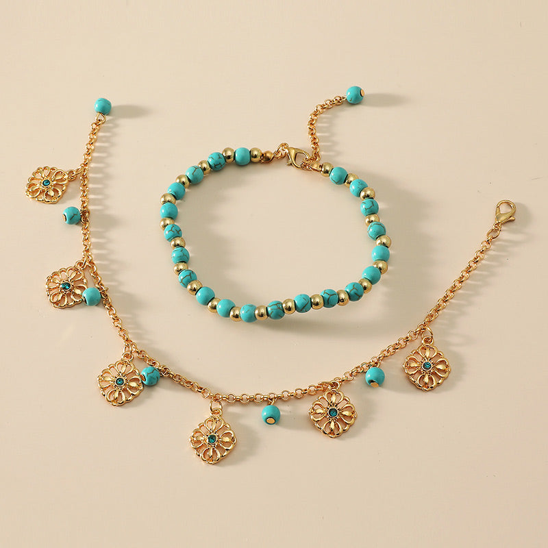 2Pcs Turquoise Stone Flower Protection Bracelet Anklet