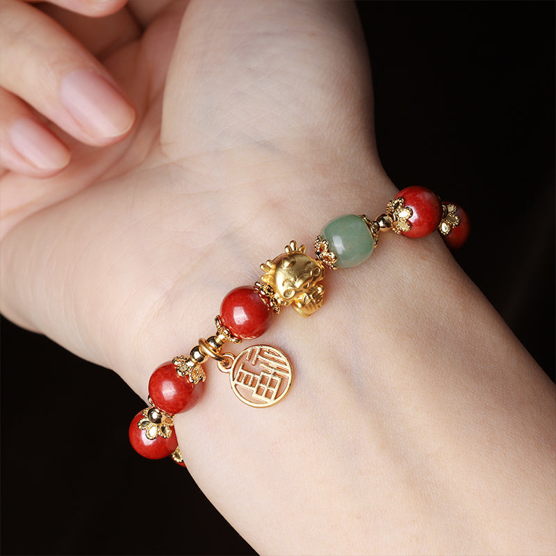 Buddha Stones Year of the Dragon Natural Cinnabar Fu Character Charm Blessing Bracelet