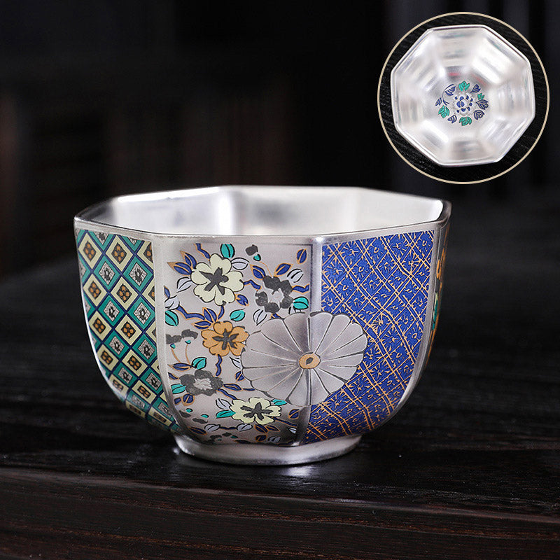 Buddha Stones 999 Sterling Silver Gilding Chrysanthemum Flowers Ceramic Teacup Kung Fu Tea Cup