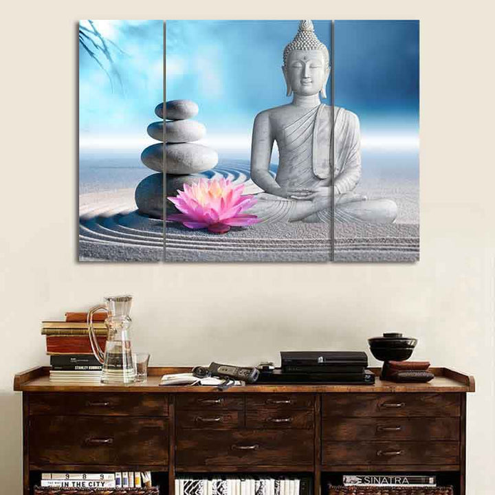 Buddha Stones Sitting Meditation Buddha Lotus Blessing Compassion Balance Cairn Zen Rocks Wall Art