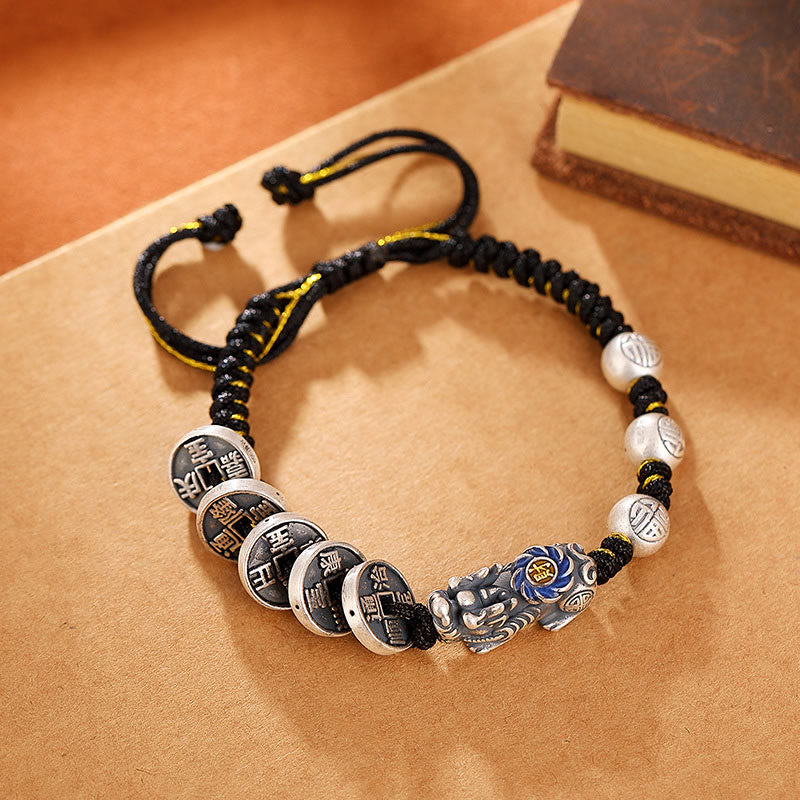 Buddha Stones 999 Sterling Silver FengShui PiXiu Copper Coin Fu Character Wealth Braided Bracelet