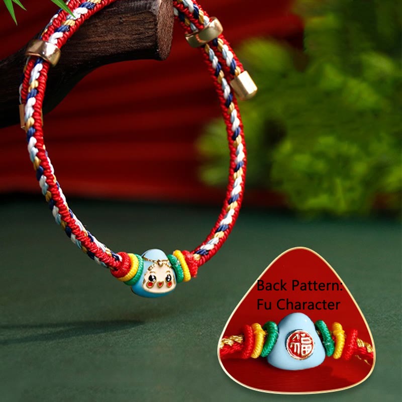 Buddha Stones Colorful Rope Zongzi Pattern Fu Character Luck Handmade Bracelet