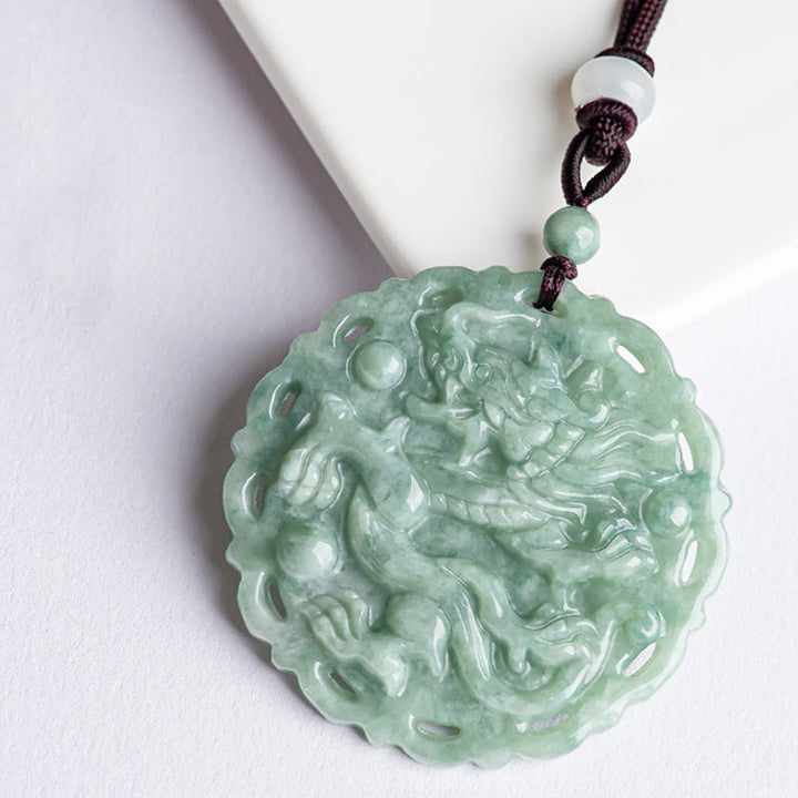 Buddha Stones Chinese Zodiac Dragon Phoenix Round Jade Luck Necklace String Pendant