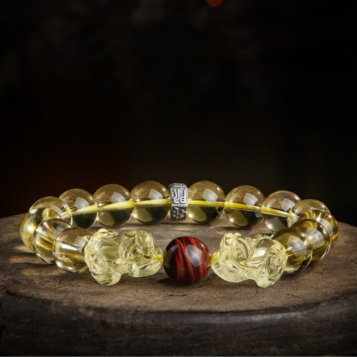 Buddha Stones Natural Citrine Double PiXiu Tiger Eye Prosperity Protection Bracelet