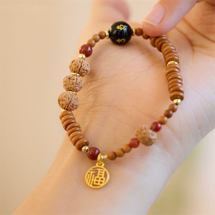 Buddha Stones Tibetan Bodhi Seed Black Onyx Smoky Quartz Om Mani Padme Hum Fu Character Wealth Bracelet